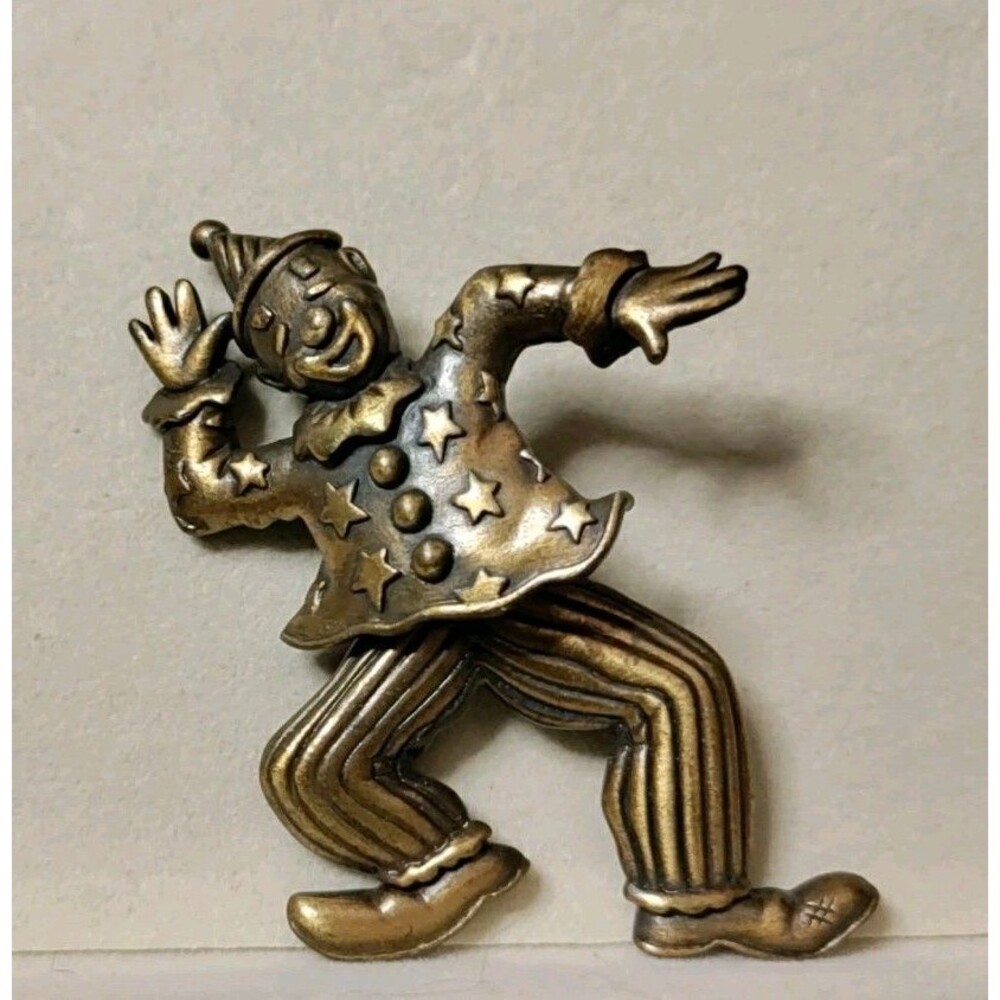 Vintage JJ Jonette Bronze Tone Clown Brooch with Moving Legs